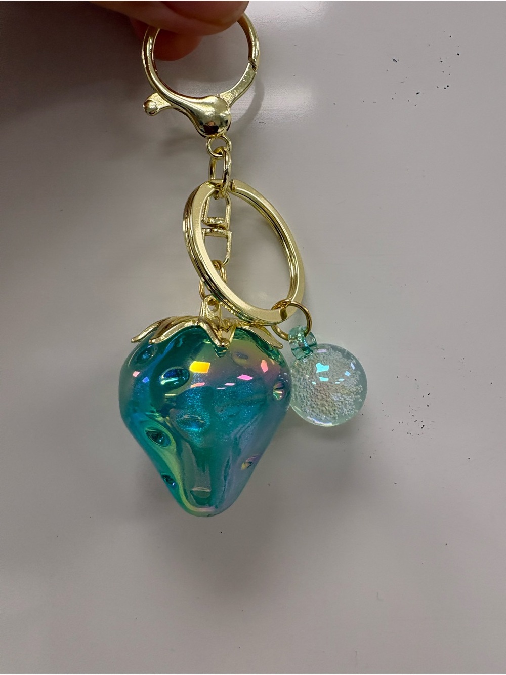 Iridescent Blue Green Strawberry Bag Charm Keychain Gold Accents
